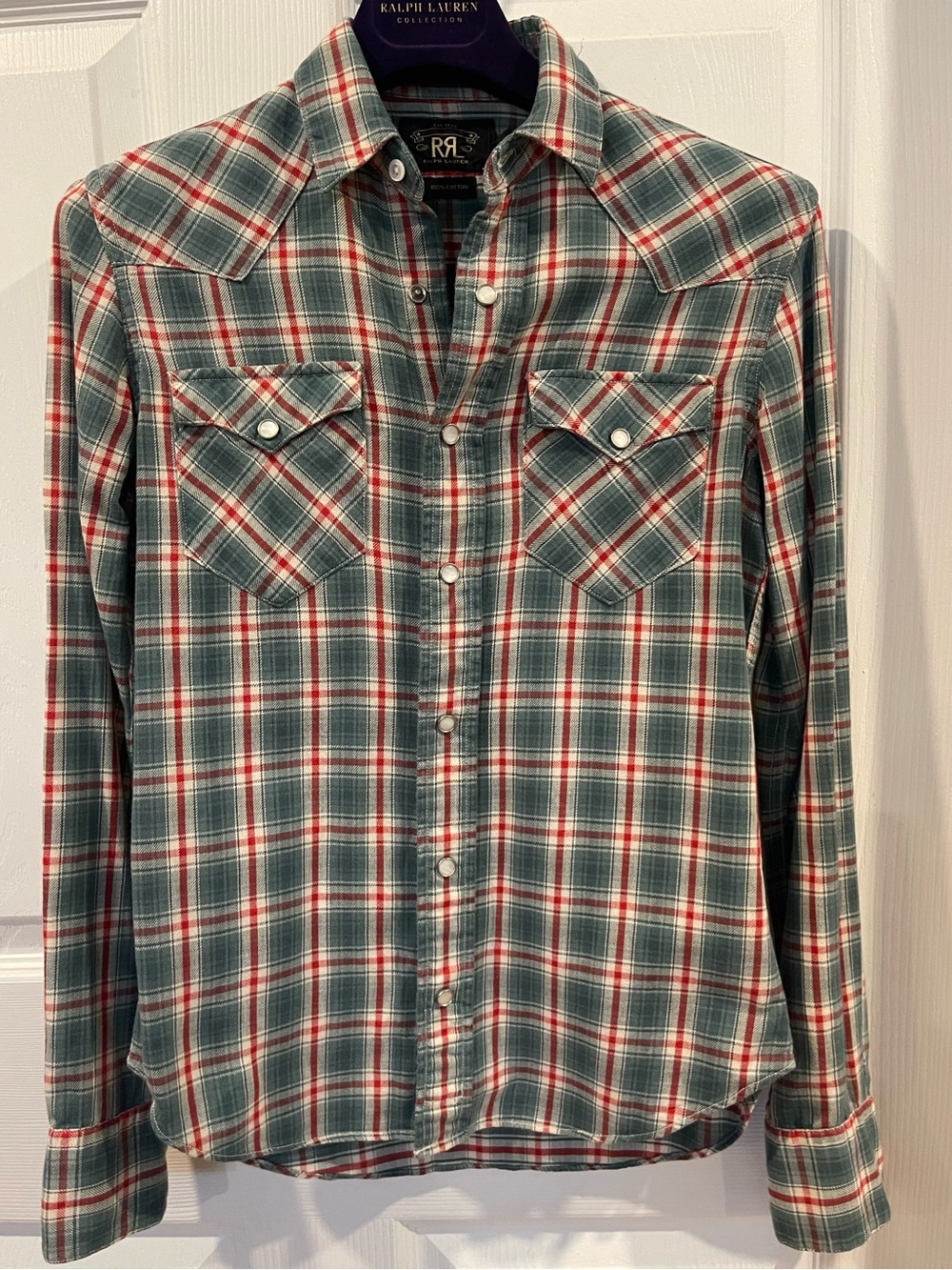 Rare RRL Ralph Lauren green & red  Plaid cowboy Western Shirt size1 cotton New